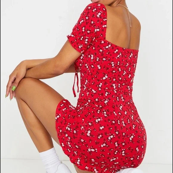 PLT pretty little thing red floral summer mini Bardot dress